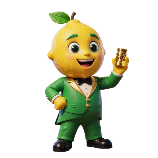 Lemon Casino Maskottchen im gr&uuml;nen Smoking vor Slotmaschinen - Online Casino Echtgeld Spiele und Slots