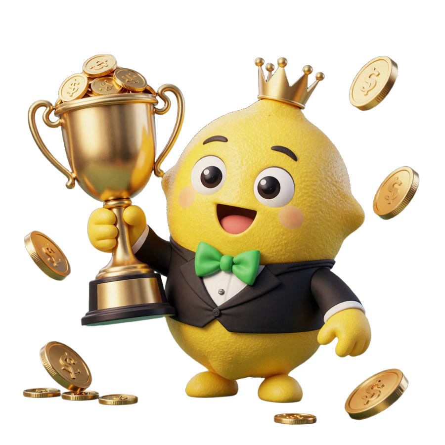 Lemon Casino Maskottchen in Smoking mit goldenem Pokal und Gewinnm&uuml;nzen - bestes Online Casino Deutschland
