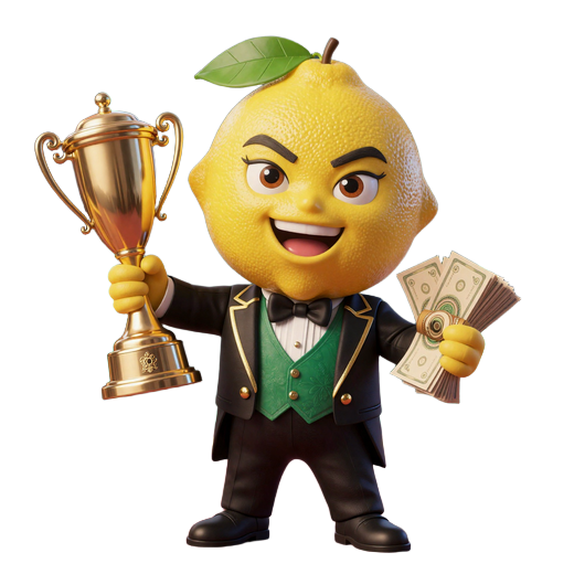 Lemon Casino Maskottchen im Smoking mit goldenem Pokal und Geldb&uuml;ndeln - Lemon-Legende VIP Programm