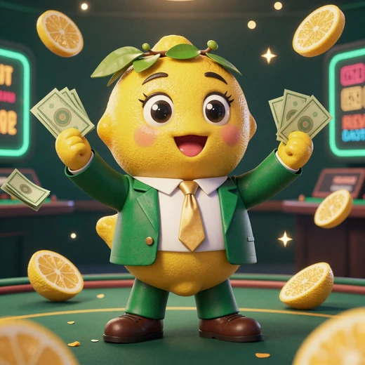 Lemon Casino Maskottchen mit Geldb&uuml;ndeln und Karten - Online Casino mit Paysafecard und schneller Auszahlung